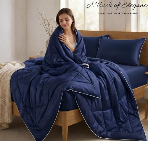 Image of SANMARINO Satin Silk Comforter Set for Double Bed - 300 TC Premium Satin Bedsheet with Pillow Covers, Luxury Complete Bedding Set, Soft Silky Finish, Bedroom Home Furnishing Gift Set - Sapphire Night