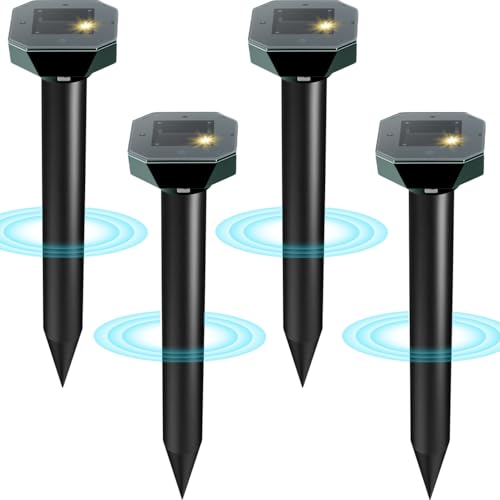 Snake & Mole & Rabbit & Skunk Repellent Solar Powered 2026 Upgraded Ultrasonic Deterrent IP65 Waterproof Gopher Groundhog Chipmunk Raccoon and Vole Repellent & Deterrent for Lawn & Garden 4 Pack
