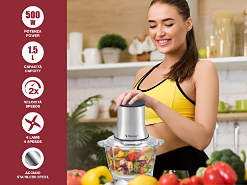 BEPER P102ROB001 Tritatutto in vetro, Contenitore in vetro, Corpo in Abs, Doppia coppia di lame in acciaio,2 velocità, base antiscivolo, Capacità di 1,5L, Grigio/Nero - immagine 3
