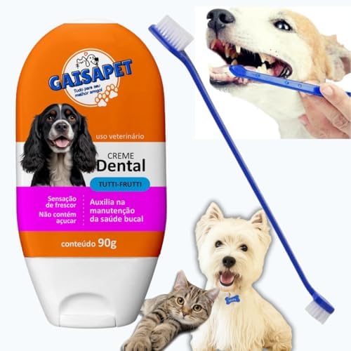 Kit Creme Dental Pet Sabor Tutti Fruti + Escova de Dente Pet Dupl...