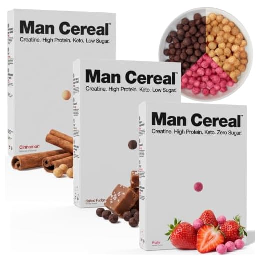 Man Cereal Variety Pack (3 Pack) – High Protein Cereal, 15g Protein & 2.5g Creatine Per Serving, Low Sugar Breakfast Cereal, Healthy Crunch Cereal for Fitness & Active Lifestyle, Cinnamon, Fruity & Salted Fudge