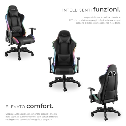 ® Sedia da Gaming, Sedia per Gamer con LED e Funzione Massaggio, Schienale e Braccioli Regolabili, Cuscino Lombare Rimovibile, Rotazione a 360°, Ergonomica, Poltrona Ufficio - Nero/Nero - Sedia gaming - Immagine 3