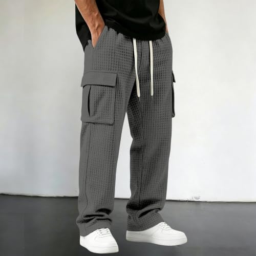 XINGJIAARTS Mens Jogger Sweatpants with Drawstring Baggy Waffle Knit Cargo Jogging Pants Soft Breathable Hiking Lounge Pants Dark Gray Small - image 3
