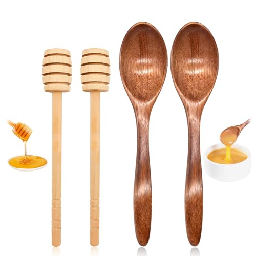 EQLEF Honey Spoons and Honey Sticks, 2Pcs 7.08in Wooden Spoons and 2Pcs 5.9in Honey Dipper Sticks, Wooden Honey Spoons Set for Honey Jar Dispensing and Kitchen Use (2 Spoons+ 2 Sticks)