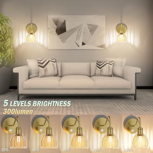 Image of 2 Pack Battery Powered Wall Sconce with Amber Tulip Glass Lampshade, Rechargeable Dimmable LED Wall Sconce for Living Room, Hallway, Bedroom, Dining Room