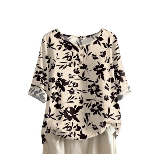 Linen Shirts for Women 3/4 Sleeve Button Down Henley V Neck Summer Tops Dressy Casual Cute Shirts Half Sleeve Blouses