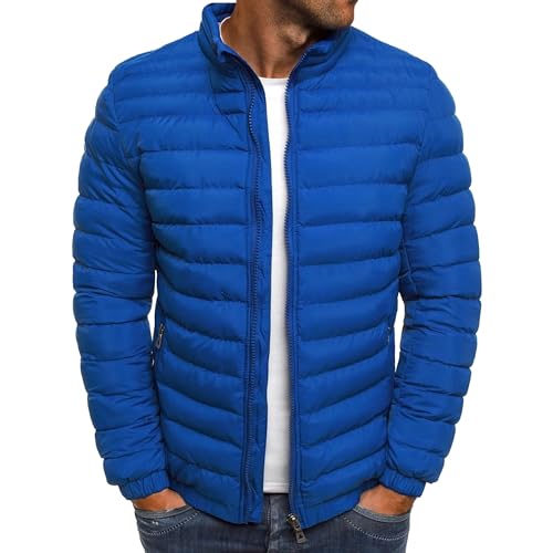 Qolkmuiy-GJ Men's Solid Color Thick Winter Jacket Zip Up Padded Puffer Coat Water Resistant Quilted Down Jackets (Blue,3X-Large)