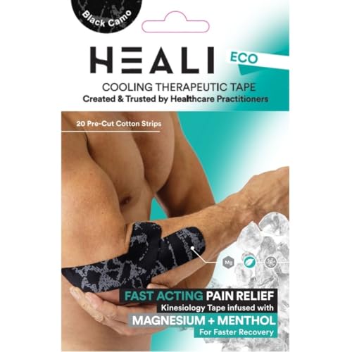Image of Heali Kinesiology Tape with Magnesium and Menthol, 20 Pcs Precut Strips, K Tape Roll, Knees, for Physical Therapy, Sports, Muscles and Joints, Water Resistant - Eco - Black Camo