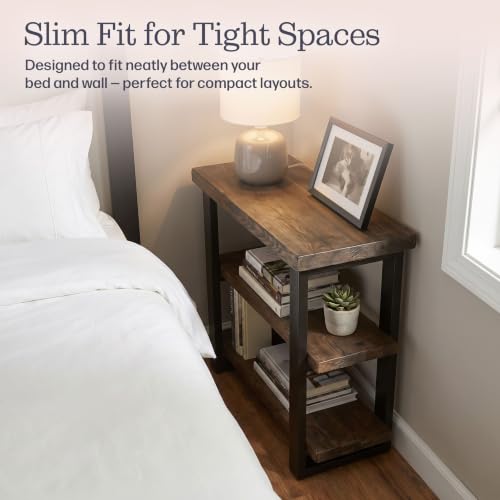 Image of Alaterre Furniture Pomona Solid Wood 3-Tier End Table, Rustic Brown, 20 inch | Small Side Table or Nightstand with Storage Shelf and Metal Legs, Rustic Farmhouse Chair Side Table for Living Room & Bedroom