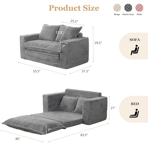 YOSHOOT Loveseat Sleeper Sofa, Convertible Sofa Bed Couch Futon Couches for Living Room, 3-in-1 Pull Out Floor Couch with Washable Cushion and Pillows, Dark Grey - Thumbnail 3