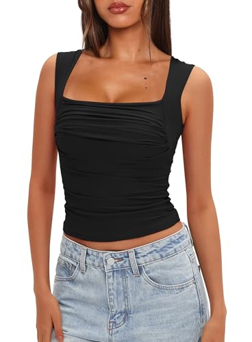 Darong Women's Padded Ruched Tank Tops Built in Bra Summer Double Lined Sleeveless Going Out Crop Tops Shirts4