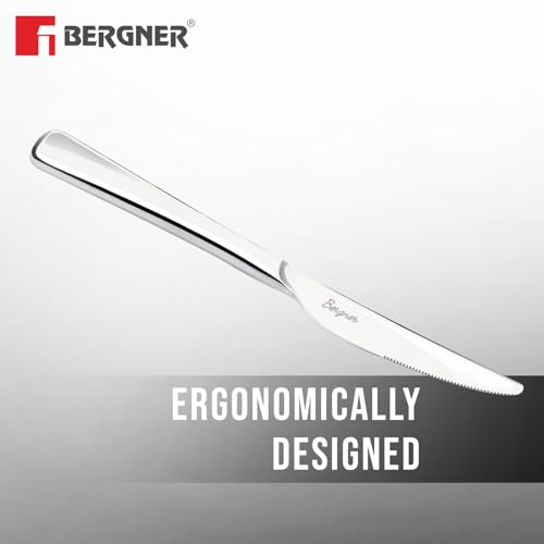 Image of BERGNER BE Essentials Lucia Stainless Steel Dinner Knife Set of 2, 20cm Long Butter Spreader, Modern Ergonomically Designed Premium Dinner Knife, Dinning Table 2 Pcs Knives, 4.5mm Thickness - Silver