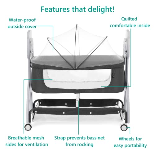 Dream On Me Cub Portable Bassinet in Dark Grey, Multi-Use Baby Bassinet with Locking Wheels, Large Storage Basket, Mattress Pad Included, JPMA Certified - Thumbnail 4