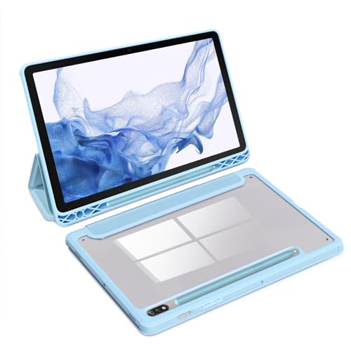 SSS·GRGB Case for 11 Inch Samsung Galaxy Tab S8 2022/Tab S7 2020(SM-X700/X706/T870/T875/T878) with S Pen Holder, PC Transparently Back,Tri-Fold Folio Stand Protective Cover, Auto Wake/Sleep,Light Blue