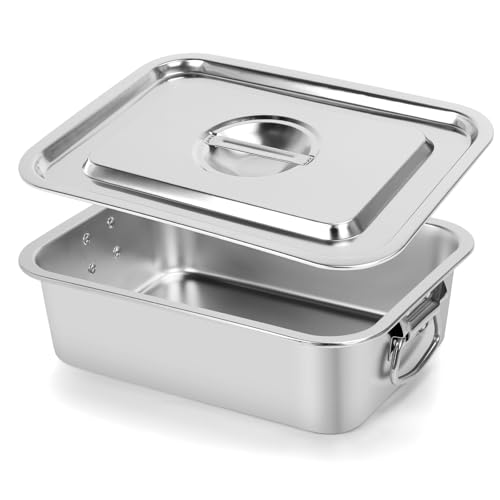 VAlinks 4 Inch Extra Deep Lasagna Pan with Lid and Handles 7.4QT Large Stainless Steel Nonstick Deep Baking Pan with Handles for Lasagna Casserole Dishes Brownie Sourdough Bread （14x10.6x4 IN)