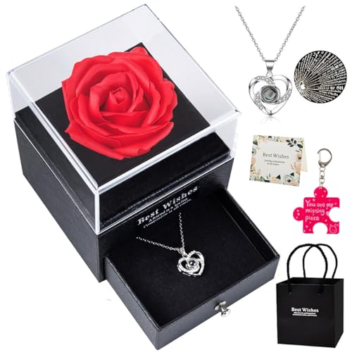 Rosa Eterna, Regalo Donna con Collana I Love You e Portachiavi Coppie, per San Valentino, Moglie, Mamma, Compleanno