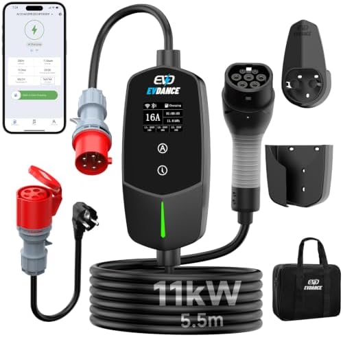 EVDANCE Mobile Wallbox 11kW mit App für Elektroauto & Hybrid | 400V (6-16A) 3 phasig 5,5M EV-Charger IP66 mit Einstellbarer Ladeleistung, Mobile Ladestation CEE Typ 2 Ladekabel für