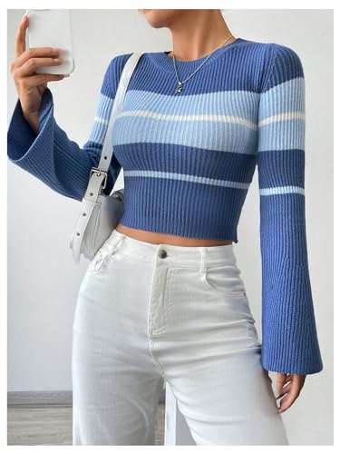 SweatyRocks Women's Color Block Striped Sweater Casual Bell Sleeve Crew Neck Cropped Tops Shirts2