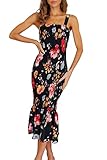 PRETTYGARDEN Women's Summer Floral Midi Tank Dress Sleeveless Strappy Ruffle Hem Smocked Bodycon Dresses (Black Red Big Floral,Medium)