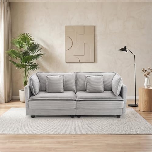 Image of 78.4 inch Corduroy Loveseat, Small Sectional Sofa for Small Spaces, Apartment, Home Office, or Cozy Corner, Lightgrey