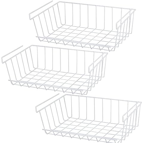 BLADO Under Shelf Storage Baskets - Under Shelf Wire Metal Hanging Shelf Basket Organiser for Kitchen, Cupboards, Shelves, Cabinet, Bathroom, Office (White, 3X (40 cm)) Cover