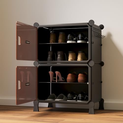 Image of BOXJOY 4 Shelf Black Shoe Rack with 2 Brown Doors, Magnets and 5 Hook Steel Holder for Home Storage Box Organizer, Hard PET Plastic with Metal Door Frame, Shoe Chappal Slipper Sandals Stand