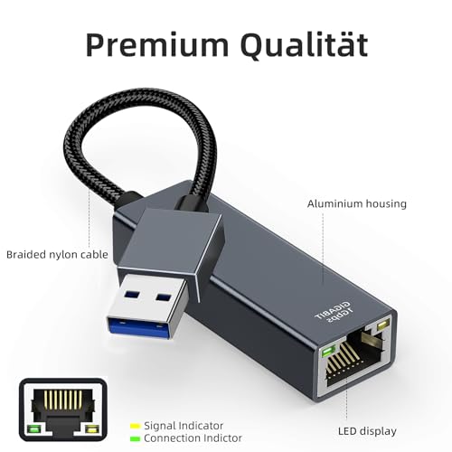 Adapter USB na Ethernet, adapter USB 3.0 na LAN, 1000 Mbps, RJ45, z aluminium i nylonu, kompatybilny z laptopami, MacBook, Surface Book, PC z Windows 11/10/8/7, XP, Linux