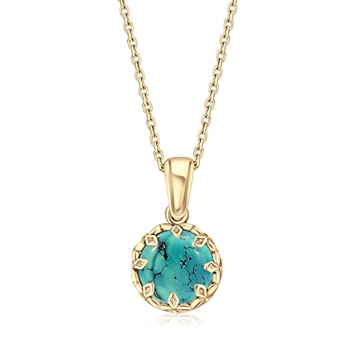 Turquoise Pendant Necklace For Women In 14K Yellow Gold Plated On 925 Sterling Silver - December Birthstone 8Mm Round Cut Gemstone - Vintage Handmade Crown Style Silver Mount On A Gold Plate Chain #TOP7