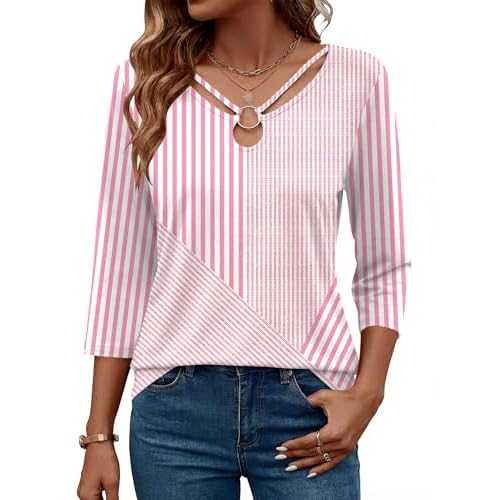 Rapbin 3/4 Length Sleeve Womens Tops Summer Cut Out Ring Keyhole Neck Dressy Casual Crew Neck Tee Shirts 2026 Pink Stripe Large