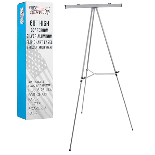 U.S. Art Supply 66' High Classroom Silver Aluminum Flip Chart Easel & Presentation Stand - Adjustable Floor/Tabletop, Portable Tripod, Holds 25 lbs., for Chart Paper, Poster Boards, & Pads