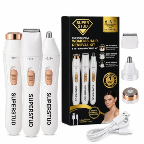 Image of SUPERSTUD 6-in-1 Women Trimmer | Face Hair Remover for Women | Bikini & Eyebrow Trimmer | Rechargeable Hair Removal Machine for Underarms, Nose, Arms, Legs & Intimate Areas | 120 Min Runtime | White