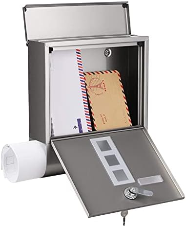 SONGMICS Mailbox, Wall-Mounted Post Letter Box, Capped Lock with Copper Core, Newspaper Holder, Viewing Windows, and Nameplate, Easy to Install, Silver GMB020S02
