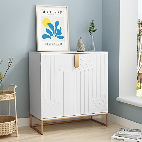 Hlr Accent Wood Grain Cabinet With 2 Doors, Storage Cabinet Sideboard With Gold Metal Legs For Living Room,Entryway And Kitchen Dining Room, White #TOP2