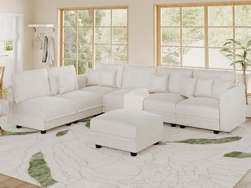 Image of LLappuil Modular Sectional Sofa with Storage, L-Shaped 7-Seat Corduroy Couch with 6 Throw Pillows, Pet-Friendly Convertible Sofa for Living Room & Apartment, Skin-Friendly, Beige