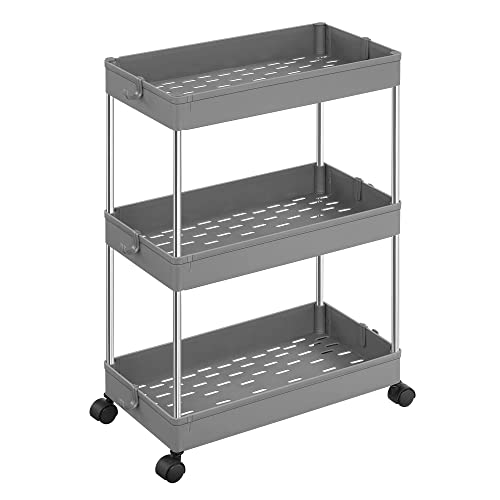 SONGMICS 3-Tier Storage Trolley, Kitchen Trolley on Wheels, Narrow Trolley for Kitchen Bathroom Office or Small Spaces, 42 x 22.5 x 61 cm, Grey KSC009G01