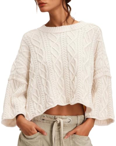 Womens Cable Knit Cropped Sweaters Oversized Fall Long Sleeve Pullover