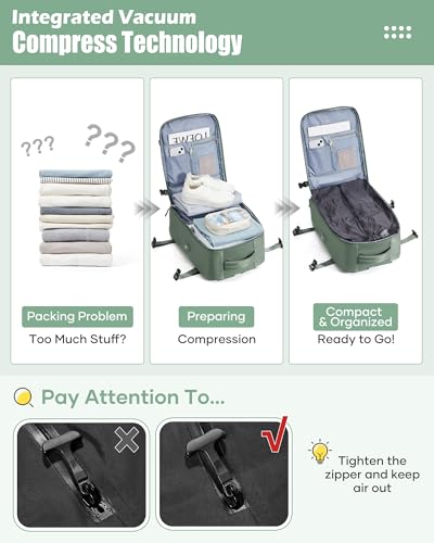 suradar Vacuum Travel Backpack with Pump Vacuum Compression Seal Vacpack Air Backpacks Laptop Backpack for Women Men Carry on Backpacks Personal Item Travel Bag Luggage Flight Approved Dark Green3