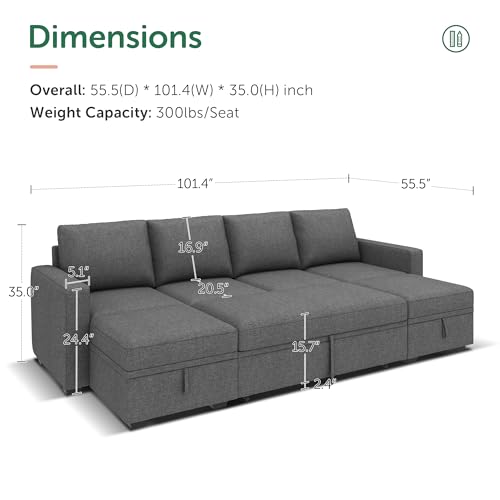 Image of HONBAY Modular Sectional Sleeper Sofa Bed, Sectional Couch with Pull Out Bed U Shaped Modular Couch with Storage Ottoman for Living Room, Dark Grey