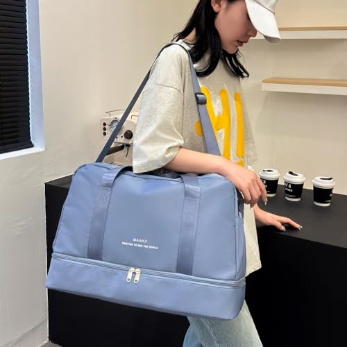 Light Sports Travel Duffel Bag with Shoe Compartment, Large Capacity Gym Bag for Women, Weekender Overnight with Wet Pocket for lady Travel, Gym, Yoga（Blue）2