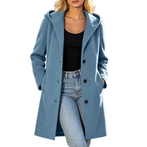 Mantel Damen Herbst mit Kapuze Einreihiger Winterjacke Wintermantel Warm Knielang Übergangsmantel Trenchcoat Elegant Klassischem Wollmantel Herbstmantel Blau L