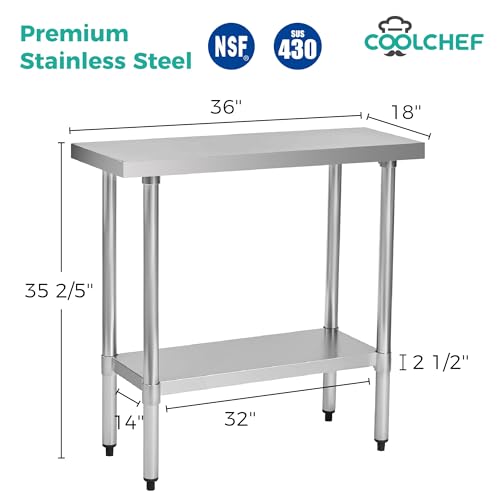 Image of COOLCHEF Stainless Steel Work Table 18 x 36 Inch, NSF Commercial Prep Table with Undershelf, Heavy Duty Food Prep Workstation