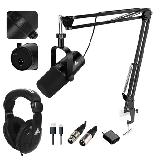 Audio Array Professional Dynamic Studio Bundle with Headphones – USB/XLR Dynamic Microphone, Boom Arm, Monitoring Headphones | 24-bit/192kHz, Plug & Play, No-Latency Recording, Monitoring - PB-11