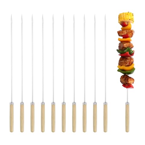 M METERXITY 50-Pack Metal Kabob Skewers with Wood Handle, 13.8 Inch Flat Stainless Steel Barbecue BBQ Skewers for Grilling for Party/Outdoor [0.14 Inch Width]