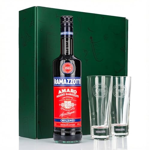 Sipply Geschenkset 3-teilig mit 2 Longdrinkglas 1815 und 1 Flasche Ramazzotti Likör 0 7l 30% | mit Geschenkverpackung: Grün | Geschenk für Frauen Männer Mama Papa Freundin zu Weihnachten Ostern