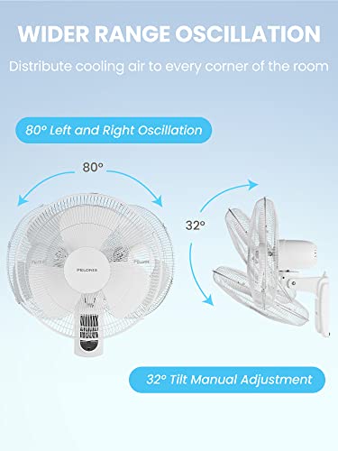 Pelonis 16'' Wall Mounted Fan With Remote Control, 2 Packs Oscillating Wall Fan, 3 Speed, 3 Wind Modes, 7.5H Timer, Adjustable Tilt, Powerful Airflow For Garage Patios Bedroom, 2 Packs, White #TOP4