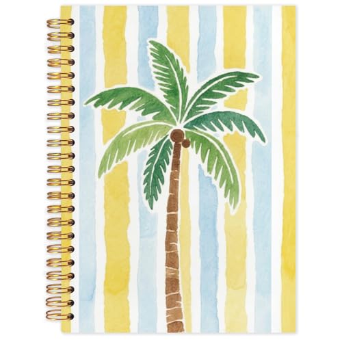 FDHSPAAM Tropical Coconut Palm Tree Beach Spiral Journal Notebook 5.5x8.3in, Blue and Yellow Striped Preppy Beach Journal, Ocean Notebooks for Note Taking, Tropical Botanical Hardcover Notebook
