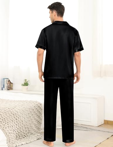 Image of SWOMOG Mens Satin Pajama Set Short Sleeve Classic Sleepwear Button Down Silky Loungewear with Long Pants Solid Black Medium