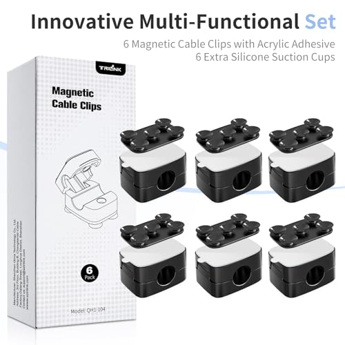 Set de 6 clips magnéticos para cables con 6 ventosas de silicona para organización de cables | Soporte y organizador magnético para cables para hogar, oficina, escritorio, teléfono, auto, pared y mesa de noche miniatura 4