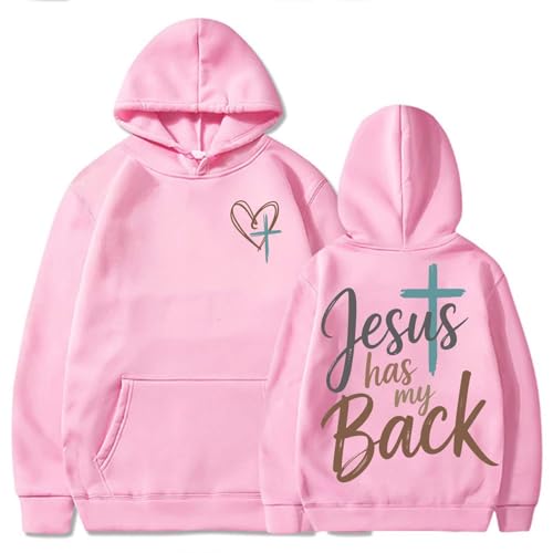Image of TONGCHEN Jesus Has My Back Christian Faith Religious Hoodie for Women Bible Verse Jesus Pullover Sweatshirt (US, Alpha, Small, Regular, Regular, Pink)