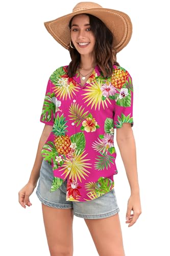 Image of SANGTREE Girls & Women's Hawaiian Shirts Button Down Short Sleeve Floral Tropical Shirt Beach Vacation Blouse Tops